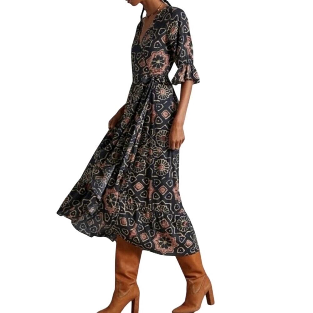 Letmebe By Anthropologie 3/4 Sleeve V Neck Wrap Maxi Dress, Size XS, MSRP $190